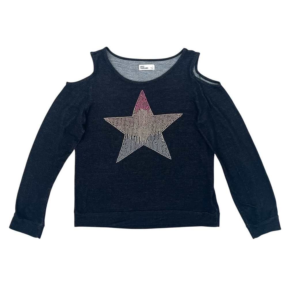 Epic Threads Girls L Cold Shoulder Top Black Long Sleeve Rhinestone Star